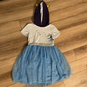 Bluey Girl’s 8 Blue Silver Short Sleeve Dress with Tulle Tutu Skirt with Hood